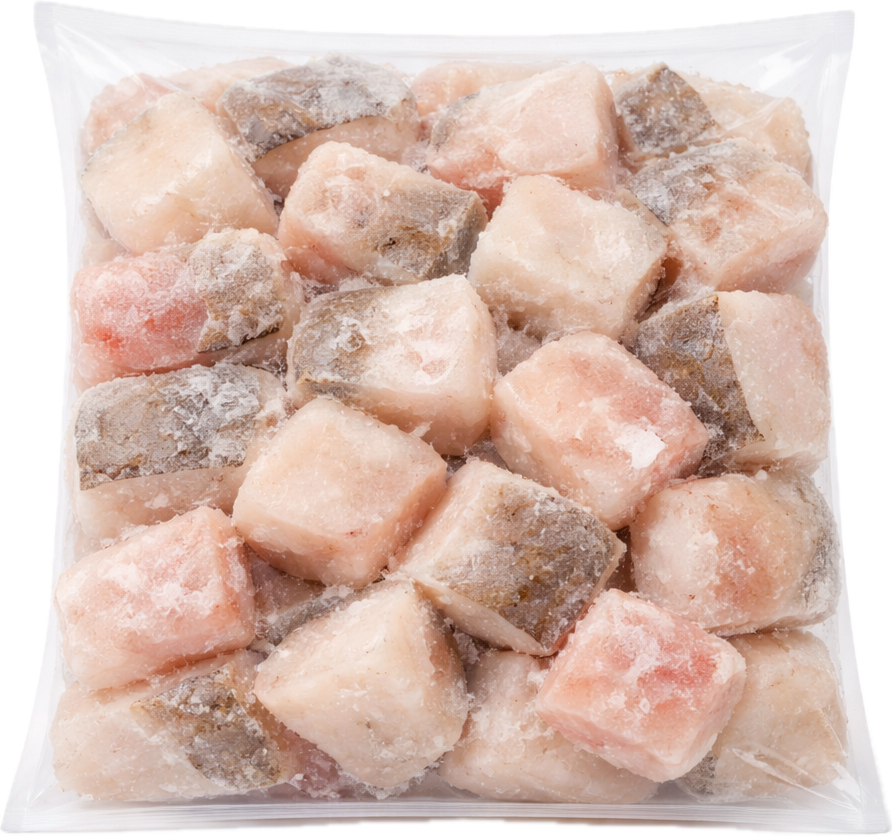 Packaged frozen fish cubes in a clear plastic bag on a white background