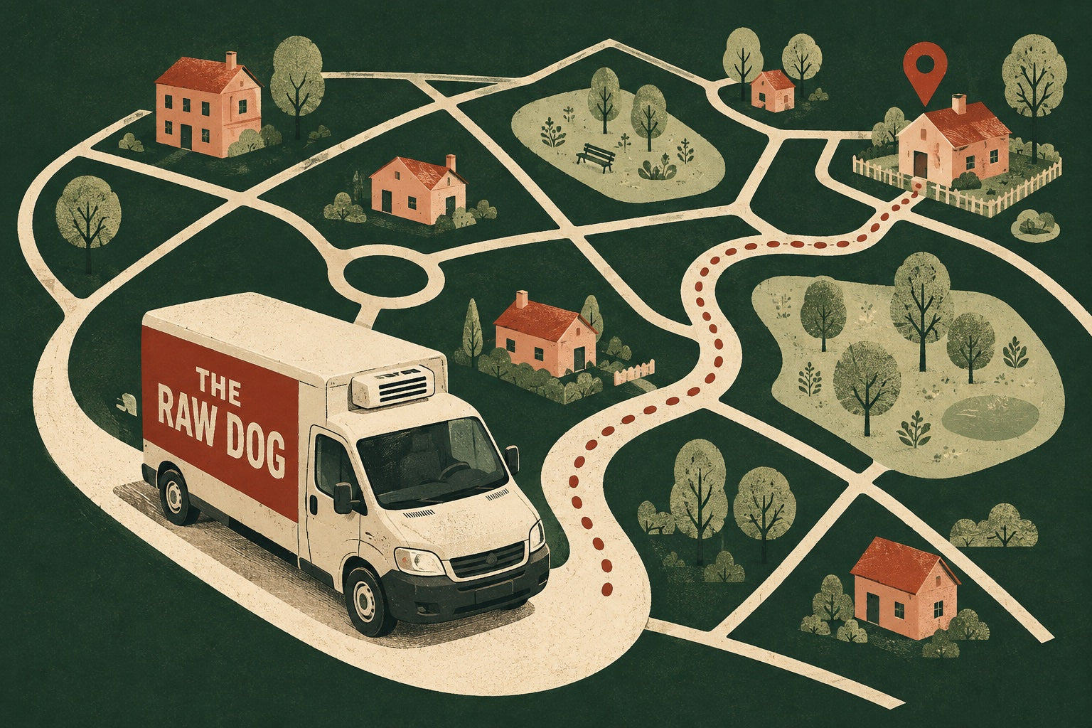 The Raw Dog delivery van following a route through an illustrated neighbourhood map.